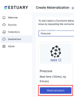 A view of the Pinecone Materialization Connector creation screen