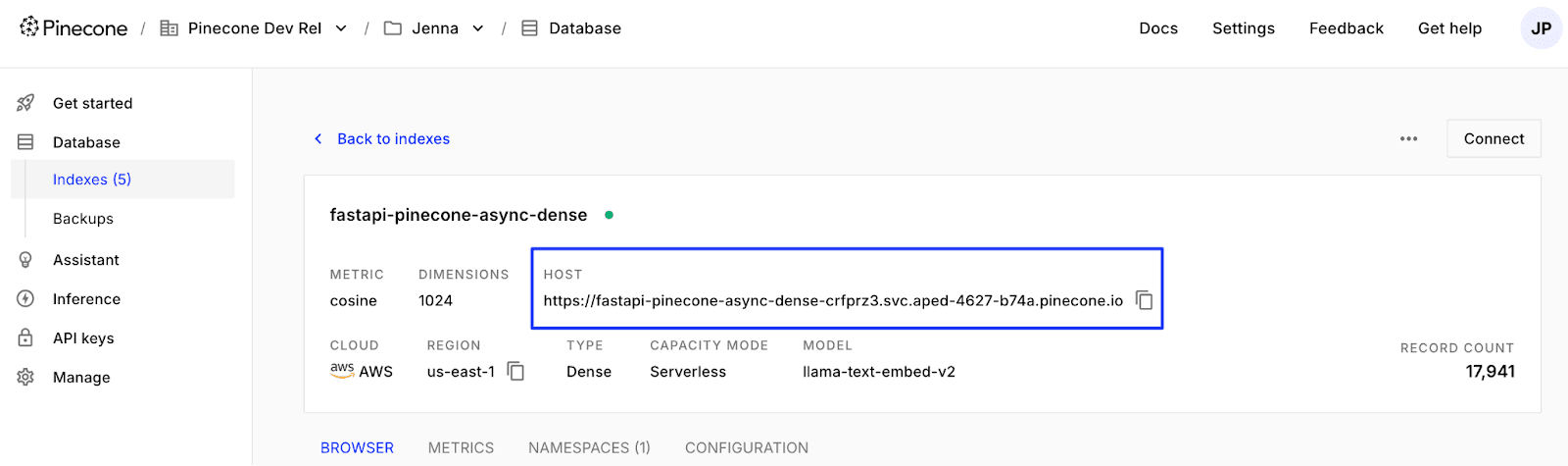Pinecone console showing the index details for fastapi-pinecone-async-dense index. The host url is highlighted with a blue rectangle.